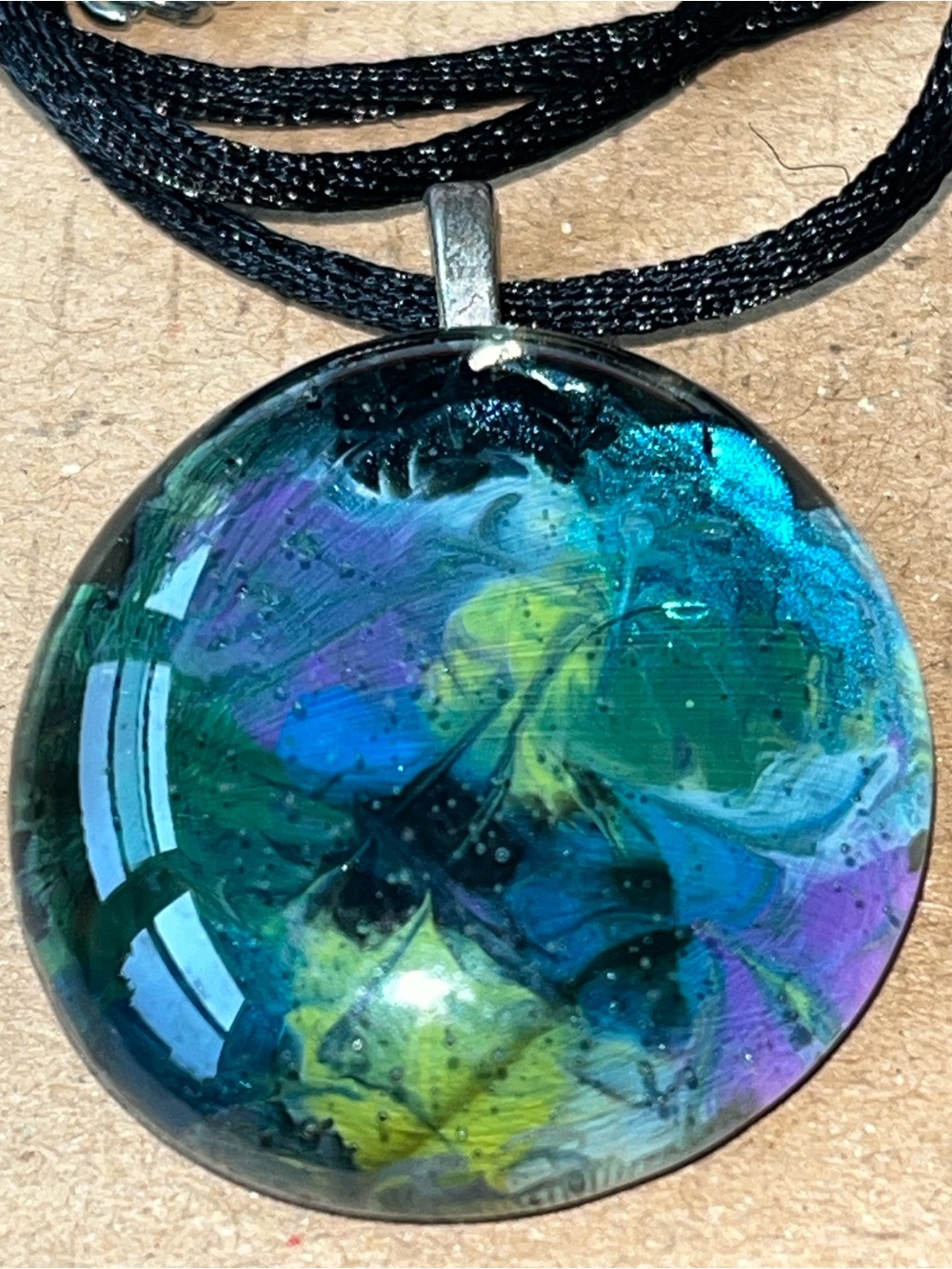 Handmade Green Black Marble Pendant Necklace 21” Artisan Jewelry